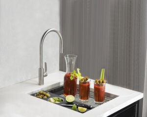 BarTap® in Matte Stainless Steel and BarStation® Bloody Mary Bar with Bar Kit in Graphite Wood Composite