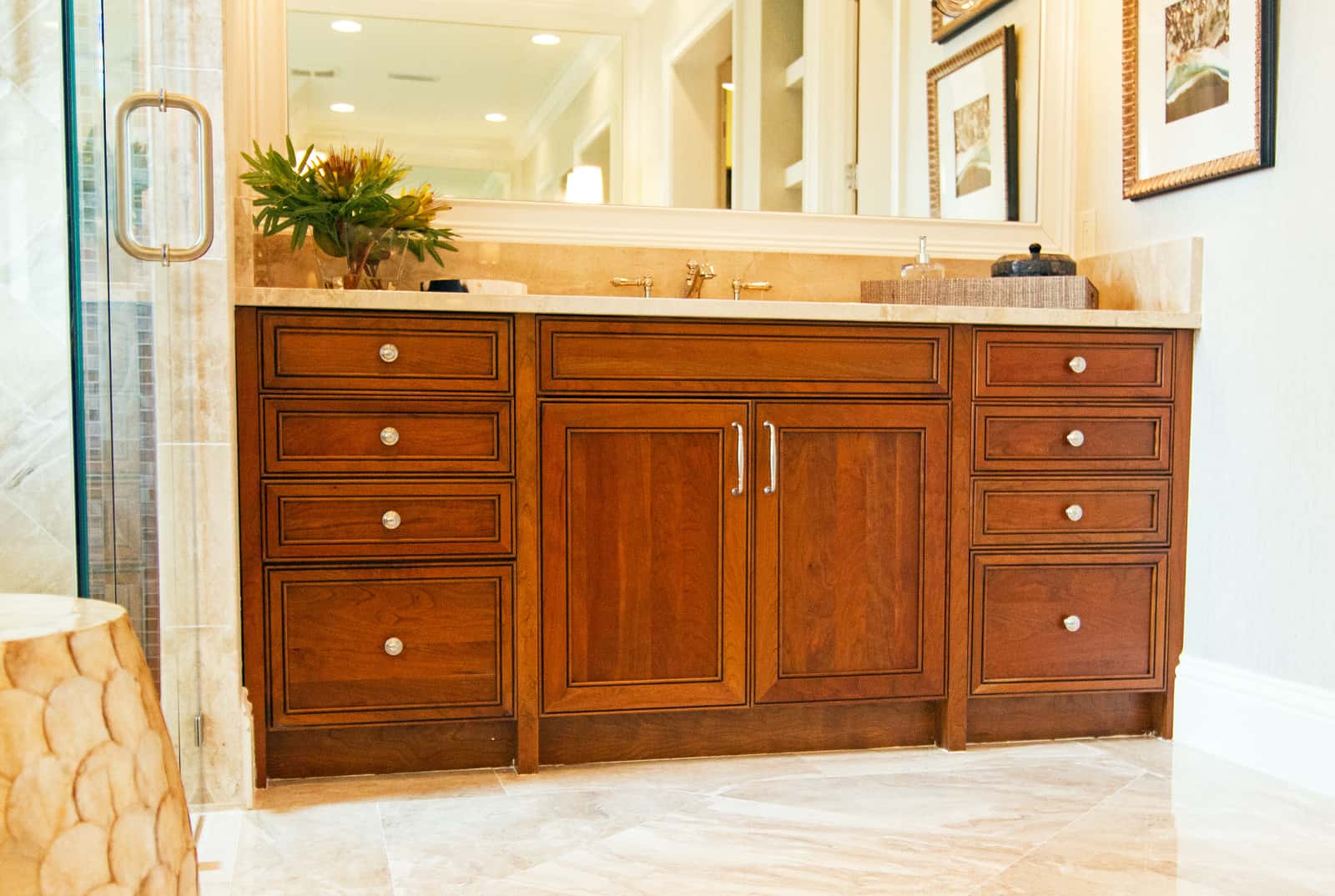 red wooden bathroom vanity