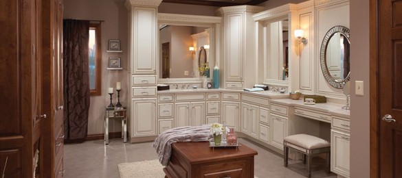 bathroom with high end white cabinets