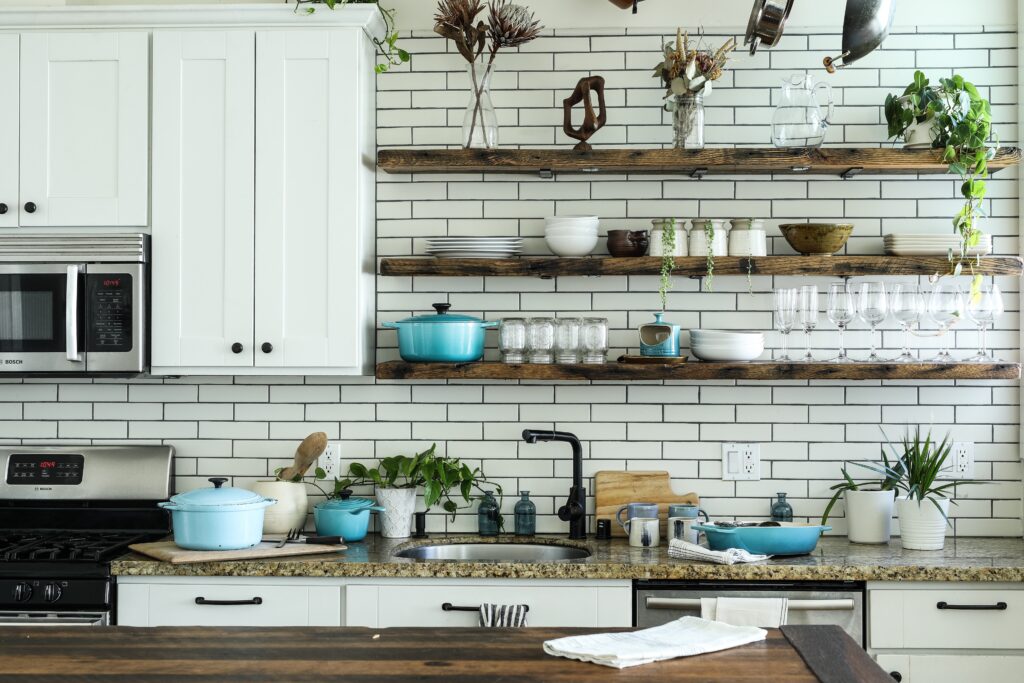 open shelving kitchen storage in place of cabinets